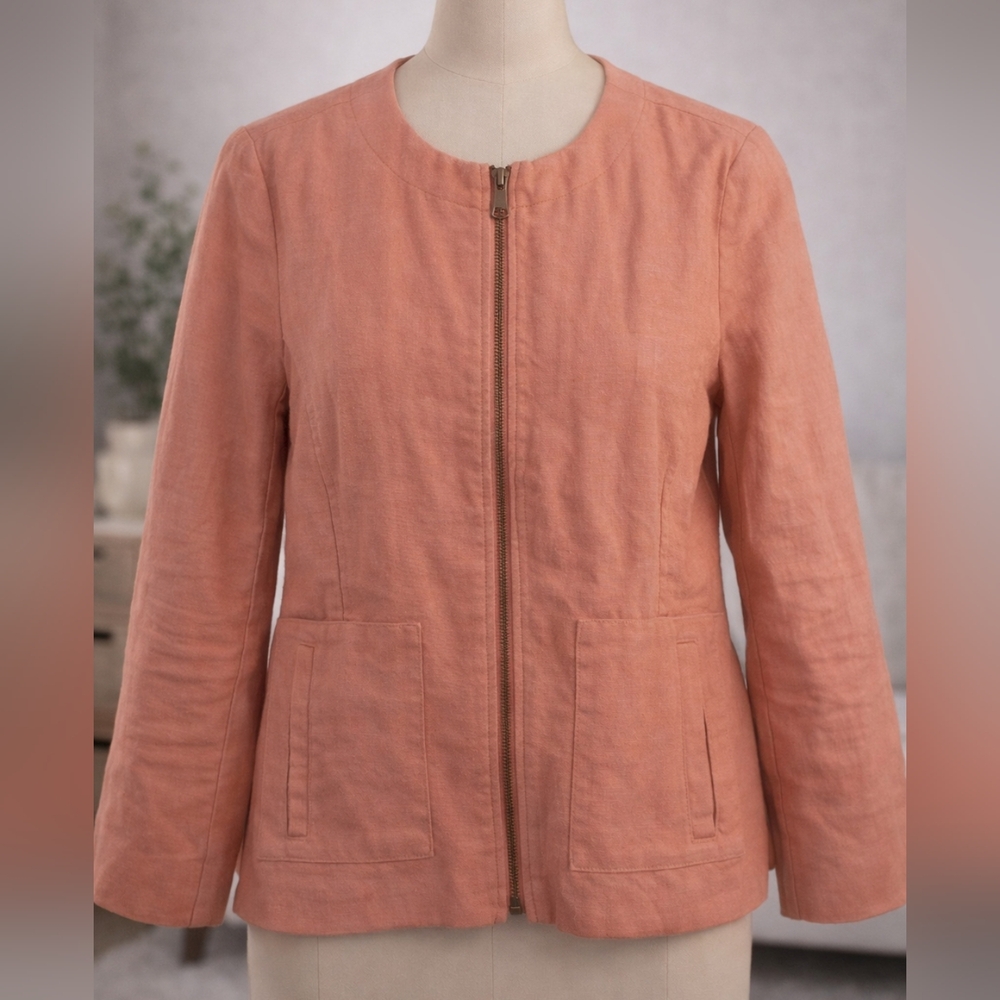 LOFT Coral-Blush Linen Blend Zip Jacket | Utility Pocket Jacket | Size 14